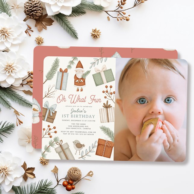 Oh What Fun Santa Holiday Girl 1st Birthday Photo Invitation (Creator Uploaded)