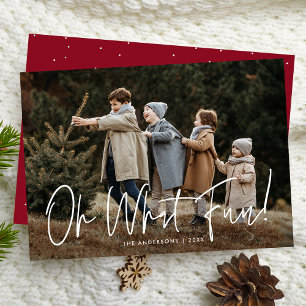 Oh What Fun Script Burgundy Photo Holiday Card