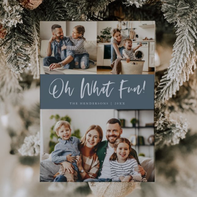 Oh What Fun Script Christmas Photo Slate Blue Holiday Card (Creator Uploaded)