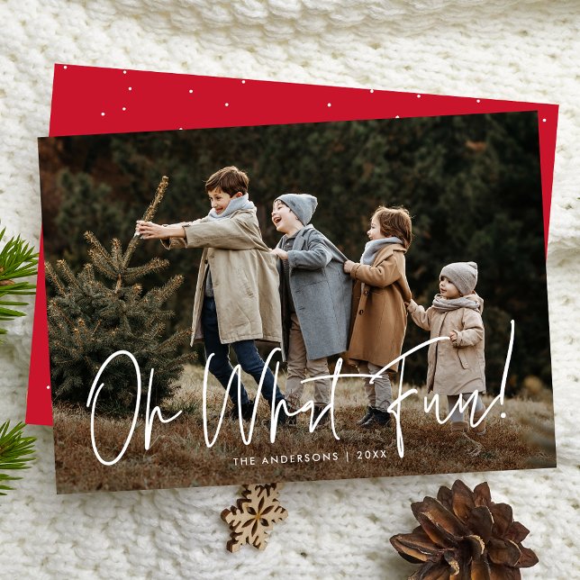 Oh What Fun Script Red Photo Holiday Card (Creator Uploaded)