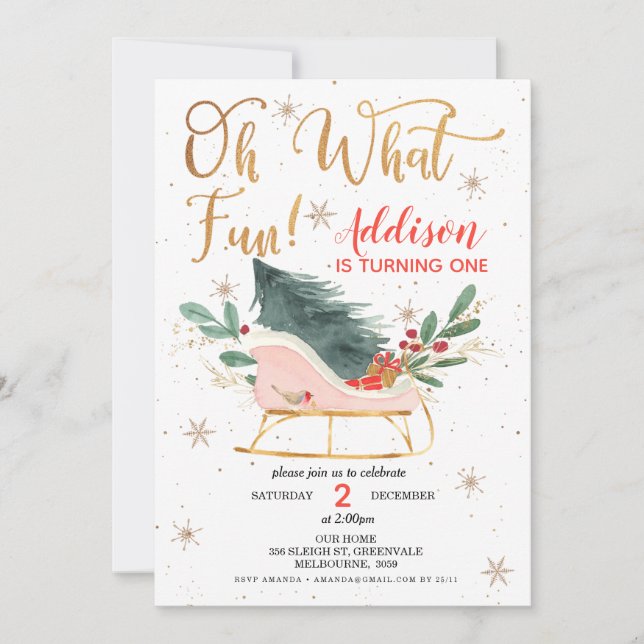 Oh What Fun Sleigh Birthday Invitation (Front)