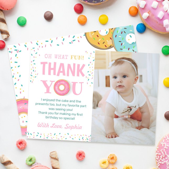 Oh What Fun Sweet Doughnuts Birthday Party Photo Thank You Card (Creator Uploaded)