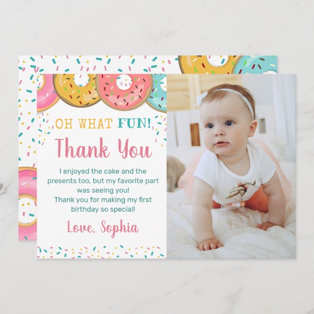 Oh What Fun Sweet Doughnuts Birthday Party  Thank You Card (Front/Back)