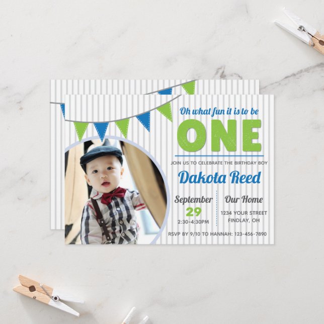 Oh What Fun to be ONE Blue Green First Birthday Invitation (Front/Back In Situ)