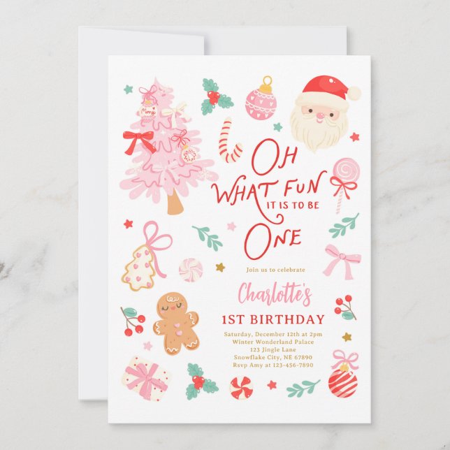 Oh What Fun To Be One Cute Christmas 1st Birthday Invitation (Front)
