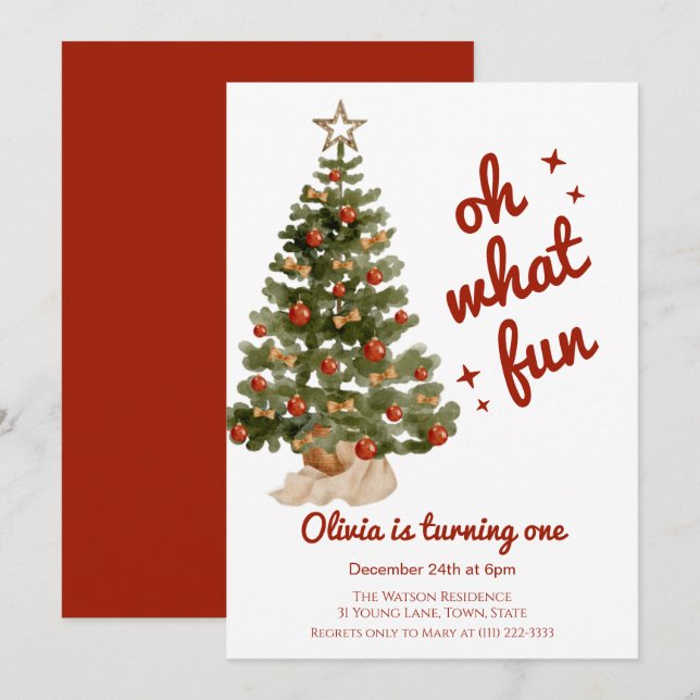 Oh what fun tree christmas birthday  invitation (Front/Back)