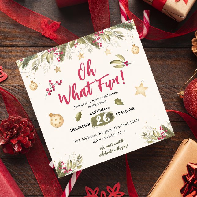 Oh What Fun! watercolor and nature Christmas Party Invitation (Creator Uploaded)