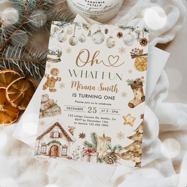 Oh What Fun Watercolor Christmas 1st Birthday Invitation (Creator Uploaded)