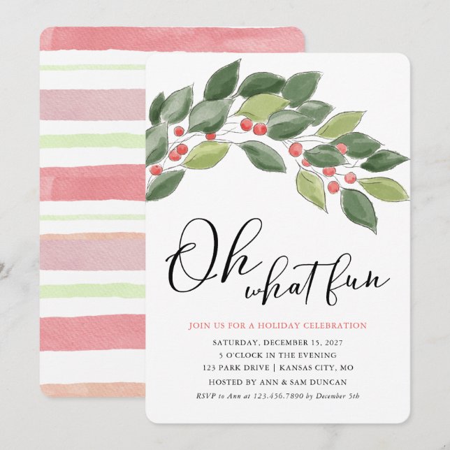 Oh What Fun Watercolor Christmas Foliage Christmas Invitation (Front/Back)