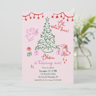 Oh What Fun whimsical Christmas tree 1st birthday Announcement