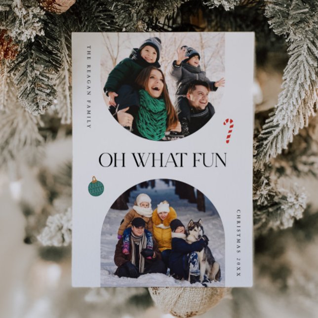 Oh What Fun White Arch Frame 3 Photo Holiday Card (Creator Uploaded)