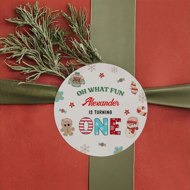 Oh What Fun Winter Christmas 1st Birthday Classic Round Sticker (Creator Uploaded)