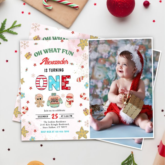 Oh What Fun Winter Christmas 1st Birthday Photo Invitation (Creator Uploaded)