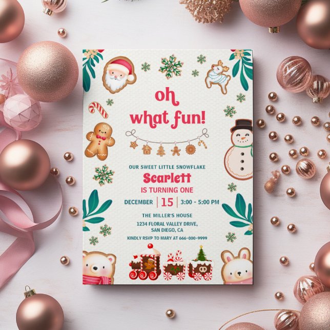 Oh What Fun Winter Christmas Cookie 1st Birthday  Invitation (Oh what fun winter Christmas 1st birthday party invitation)