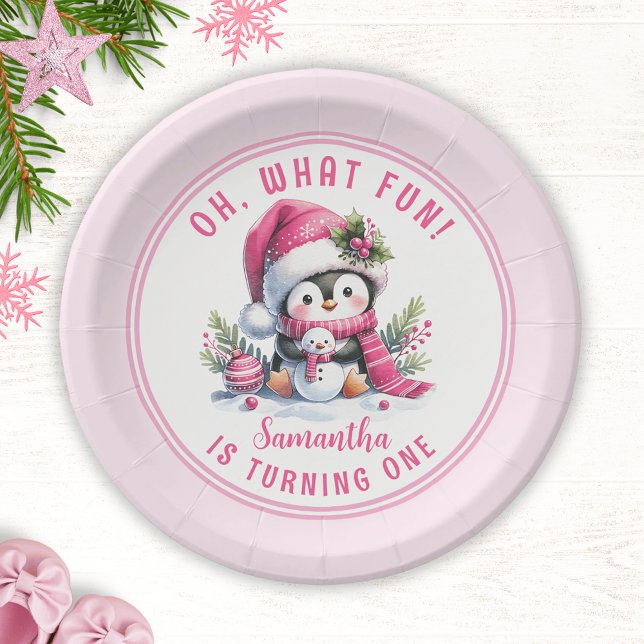 Oh What Fun Winter Cute Penguin Girl 1st Birthday Paper Plate (Creator Uploaded)