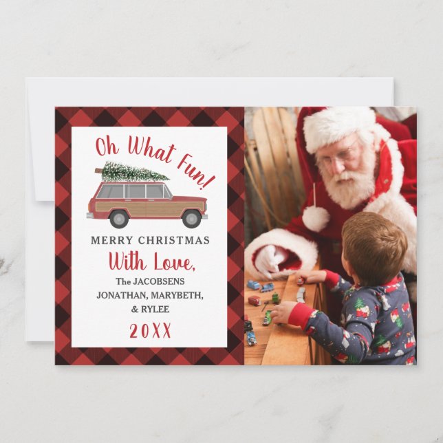 Oh What Fun Wood Wagon Plaid Christmas Photo Holiday Card (Front)