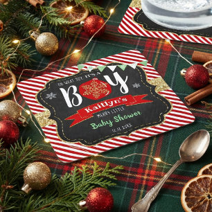"Oh What Joy, It's A Boy!" Christmas Baby Shower Square Paper Coaster