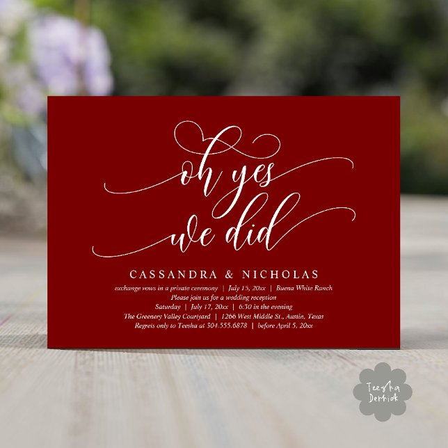 Oh Yes, We Did, Modern Romantic Wedding Reception Invitation (Oh Yes, We Did, Modern Romantic Modern Wedding Reception Invitation Card PDF Burgundy Wine Red)