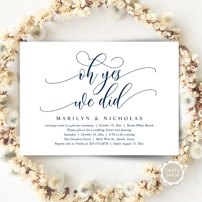 Oh Yes, We Did, Modern Wedding Dinner and Party Invitation (Oh Yes, We Did, Wedding Elopement Dinner Romantic Modern Party Invitation Card PDF Navy Blue)