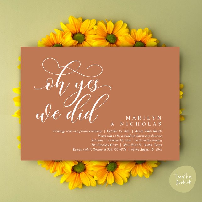 Oh Yes, We Did, Modern Wedding Dinner and Party Invitation (Oh Yes, We Did, Wedding Elopement Dinner Romantic Modern Party Invitation Card PDF Copper Brown)