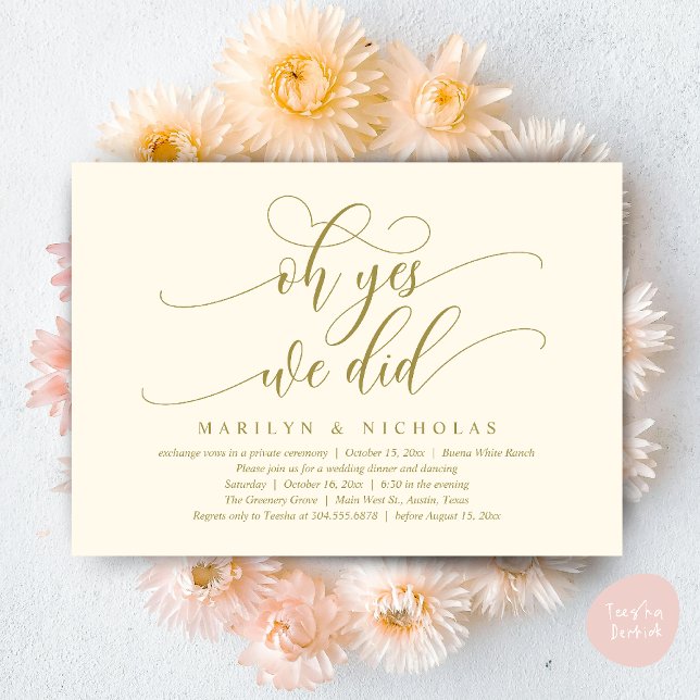 Oh Yes, We Did, Modern Wedding Dinner and Party Invitation (Oh Yes, We Did, Wedding Elopement Dinner Romantic Modern Party Invitation Card PDF Yellow Gold)