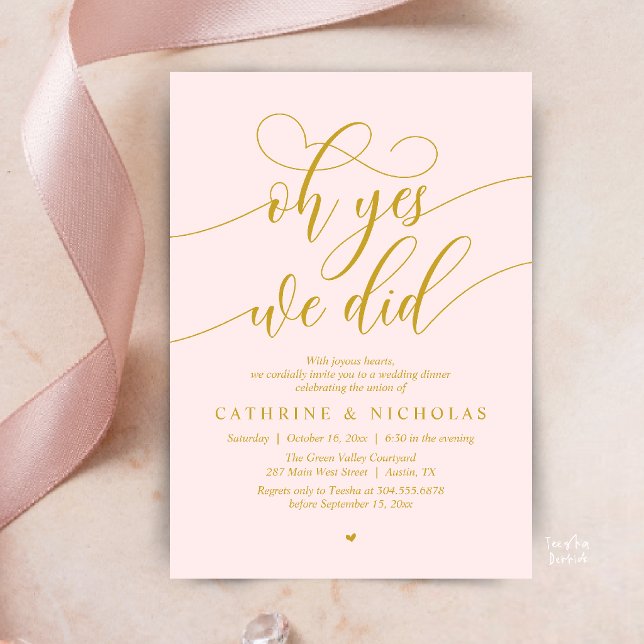Oh Yes, We Did, Modern Wedding Elopement Dinner Invitation (Oh Yes, We Did, Modern Romantic Wedding Elopement Dinner Invitation Card in Gold Blush)