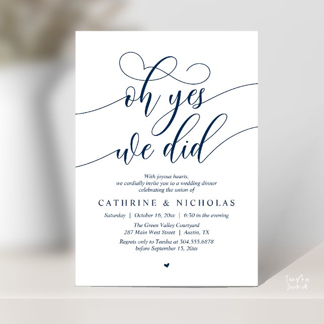 Oh Yes, We Did, Modern Wedding Elopement Dinner Invitation (Oh Yes, We Did, Modern Romantic Wedding Elopement Dinner Invitation Card in Navy Blue)