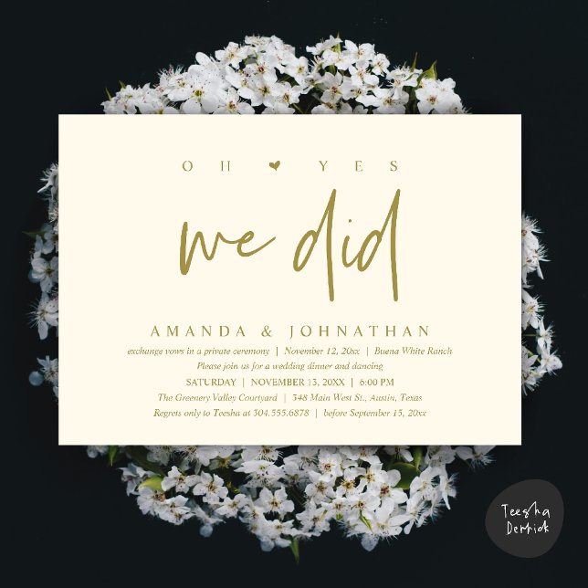 Oh Yes, We Did, Modern Wedding Elopement Dinner Invitation (Oh Yes, We Did, Modern Wedding Elopement Dinner Modern Clean Invitation Card PDF in Yellow Gold)