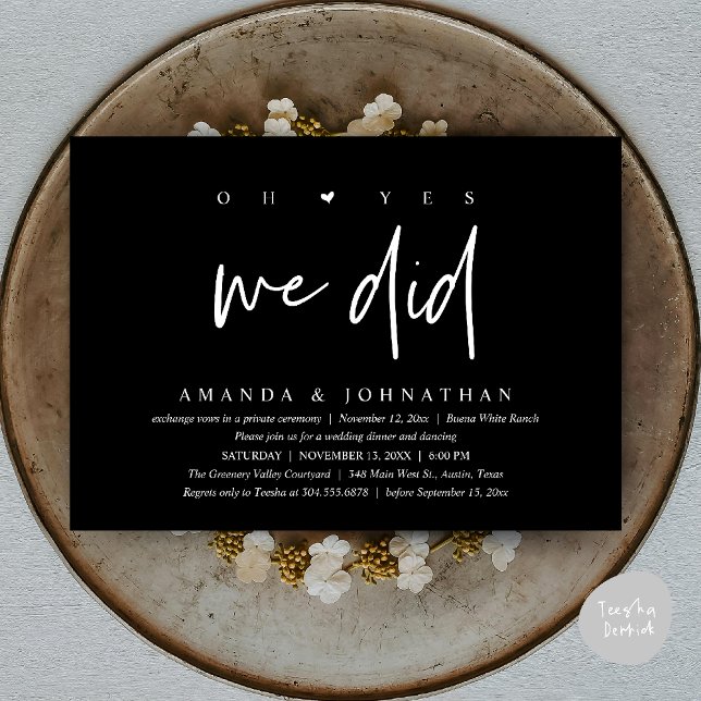 Oh Yes, We Did, Modern Wedding Elopement Dinner Invitation (Oh Yes, We Did, Modern Wedding Elopement Dinner Modern Clean Invitation Card PDF in Classy Black)
