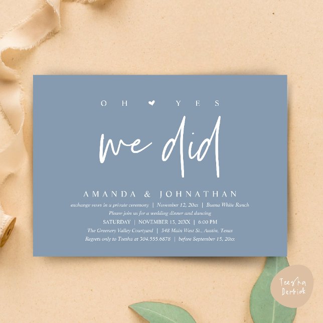 Oh Yes, We Did, Modern Wedding Elopement Dinner Invitation (Oh Yes, We Did, Modern Wedding Elopement Dinner Modern Clean Invitation Card PDF in Dusty Blue)