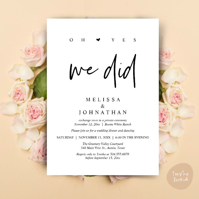 Oh Yes, We Did, Modern Wedding Elopement Dinner Invitation (Oh Yes, We Did, Modern Wedding Elopement Dinner Modern Clean Invitation Card PDF in Black White)