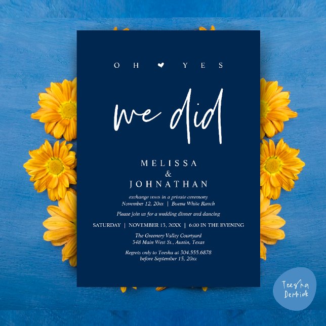 Oh Yes, We Did, Modern Wedding Elopement Dinner Invitation (Oh Yes, We Did, Modern Wedding Elopement Dinner Modern Clean Invitation Card PDF in Navy Blue)