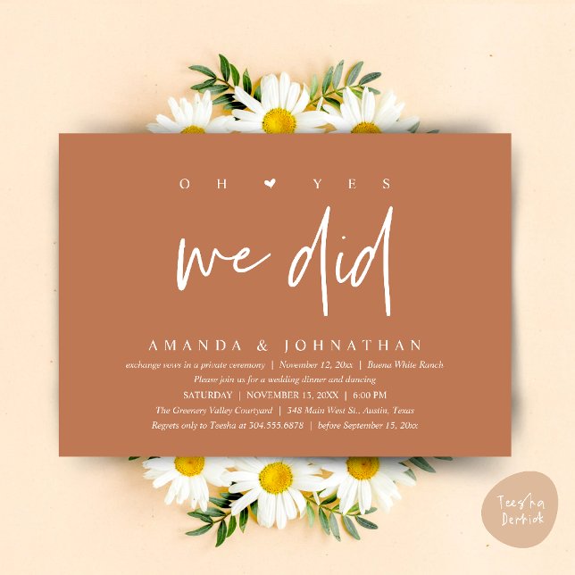 Oh Yes, We Did, Modern Wedding Elopement Dinner Invitation (Oh Yes, We Did, Modern Wedding Elopement Dinner Modern Clean Invitation Card PDF in Copper Brown)
