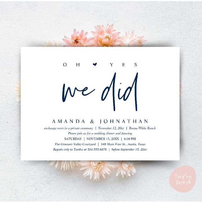 Oh Yes, We Did, Modern Wedding Elopement Dinner Invitation (Oh Yes, We Did, Modern Wedding Elopement Dinner Modern Clean Invitation Card PDF in Navy Blue)