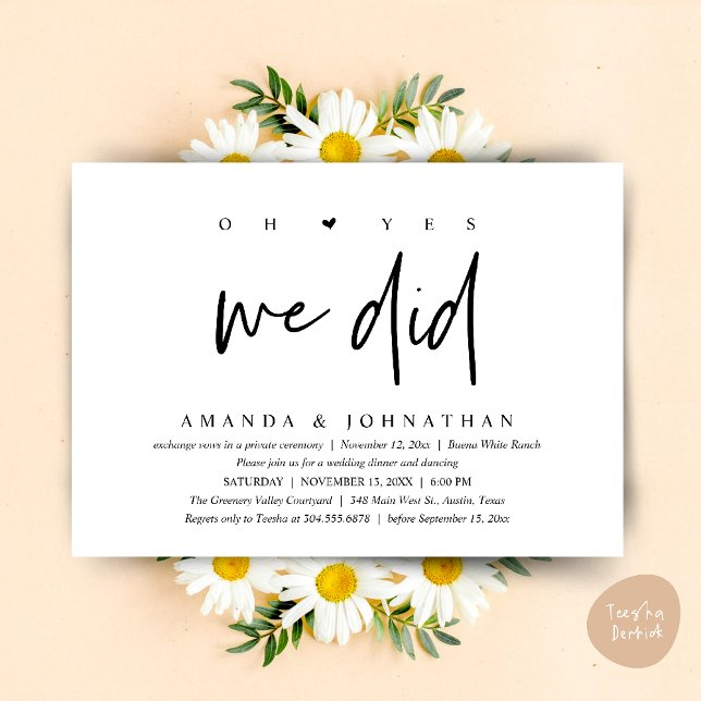 Oh Yes, We Did, Modern Wedding Elopement Dinner Invitation (Oh Yes, We Did, Modern Wedding Elopement Dinner Modern Clean Invitation Card PDF in Black White)
