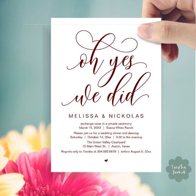 Oh Yes, We Did, Romantic Wedding Elopement Party Invitation (Oh Yes, We Did, Romantic Modern Script Wedding Elopement Party Invitation Card PDF Burgundy Red)