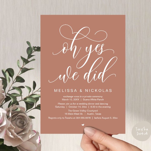 Oh Yes, We Did, Romantic Wedding Elopement Party Invitation (Oh Yes, We Did, Romantic Modern Script Wedding Elopement Party Invites Card PDF Rustic Earthy Brown)