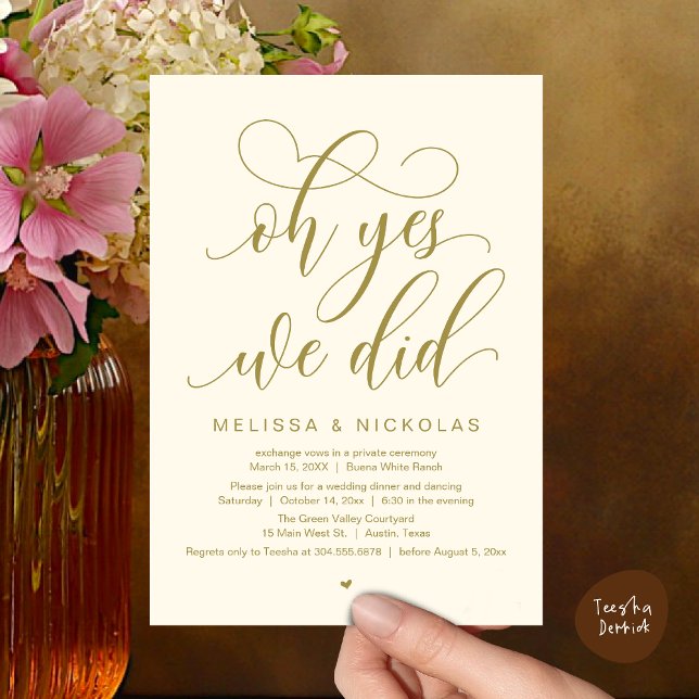 Oh Yes, We Did, Romantic Wedding Elopement Party Invitation (Oh Yes, We Did, Romantic Modern Script Wedding Elopement Party Invitation Card PDF Yellow Gold)