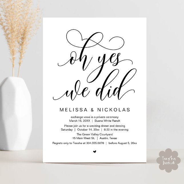 Oh Yes, We Did, Romantic Wedding Elopement Party Invitation (Oh Yes, We Did, Romantic Modern Script Wedding Elopement Party Invitation Card PDF White Black)
