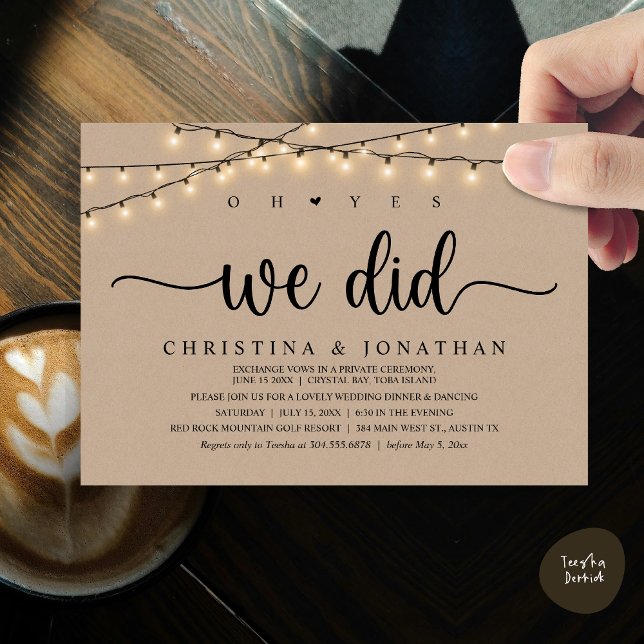 Oh Yes, We Did, Rustic Wedding Dinner Elopement Invitation (Oh Yes, We Did, Rustic Wedding Dinner Elopement Invitation Card, PDF, String Lights Brown Kraft)