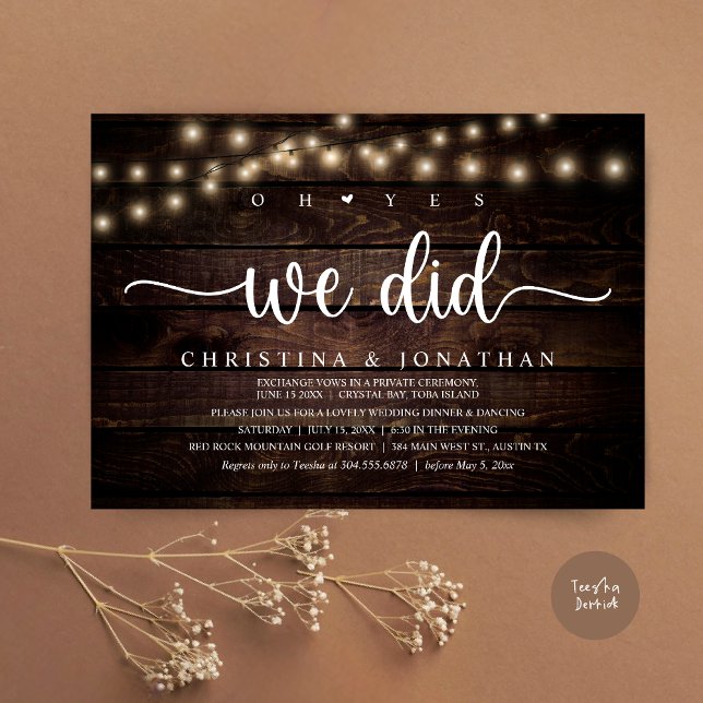 Oh Yes, We Did, Rustic Wedding Dinner Elopement Invitation (Oh Yes, We Did, Rustic Wedding Dinner Elopement Invitation card, pdf, in cottage dark wood)
