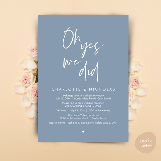 Oh Yes, We Did, Wedding Dinner Party Cash Bar Invitation (Oh Yes, We Did, Modern Wedding Elopement Reception Dinner Party Invites Card PDF Dusty Blue)