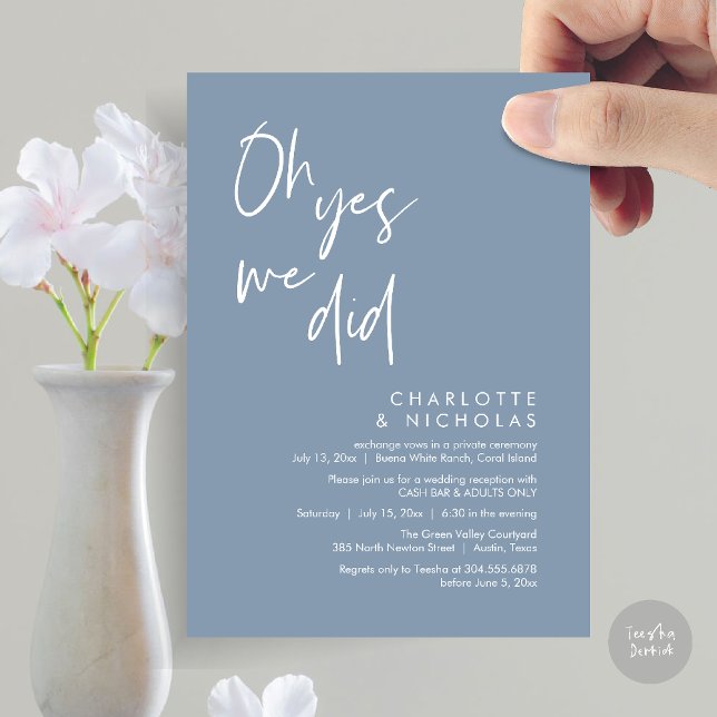 Oh Yes, We Did, Wedding Dinner Party Cash Bar Invitation (Oh Yes, We Did, Modern Wedding Elopement Reception Dinner Party Invites Card PDF Dusty Blue)