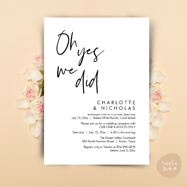 Oh Yes, We Did, Wedding Dinner Party Cash Bar Invitation (Oh Yes, We Did, Modern Wedding Elopement Reception Dinner Party Invites Card PDF White Black)