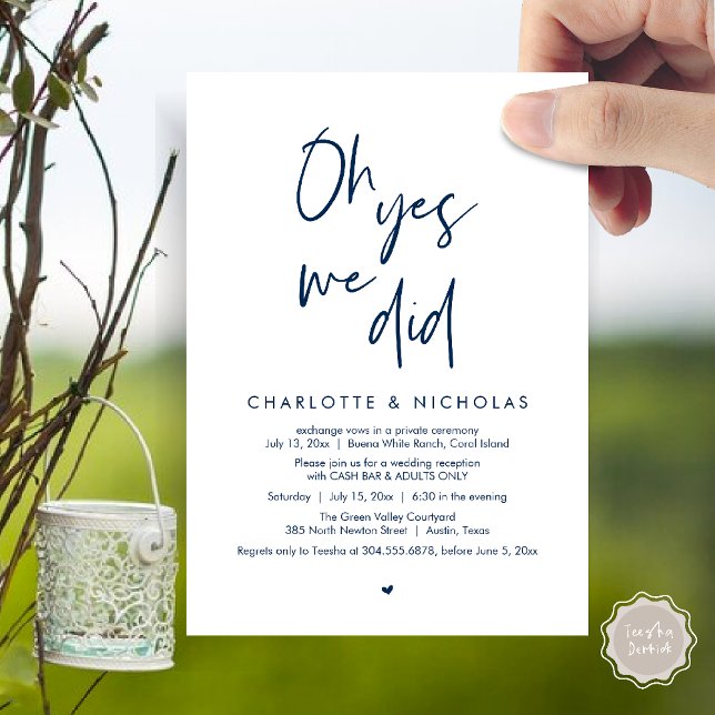Oh Yes, We Did, Wedding Dinner Party Cash Bar Invitation (Oh Yes, We Did, Modern Wedding Elopement Reception Dinner Party Invites Card PDF Navy Blue)