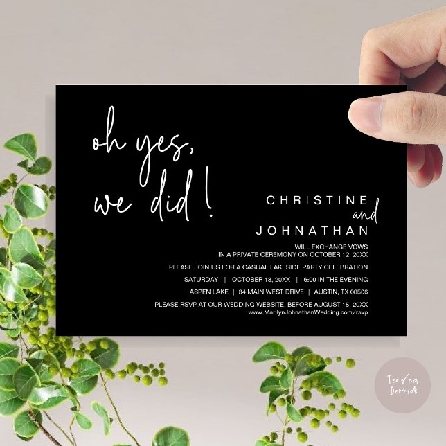 Oh Yes, We Did, Wedding Elopement, Classy Black Invitation (Oh Yes, We Did, Modern Wedding Elopement Dinner Party Invitation Card, PDF, Classy Black)