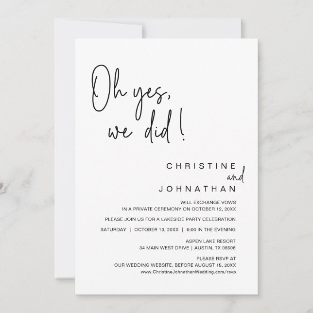 Oh Yes, We Did, Wedding Elopement Dancing Party Invitation (Front)