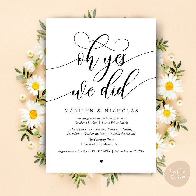 Oh Yes, We Did, Wedding Elopement Dinner Party Invitation (Oh Yes, We Did, Wedding Elopement Dinner Romantic Modern Party Invitation Card PDF Black White)