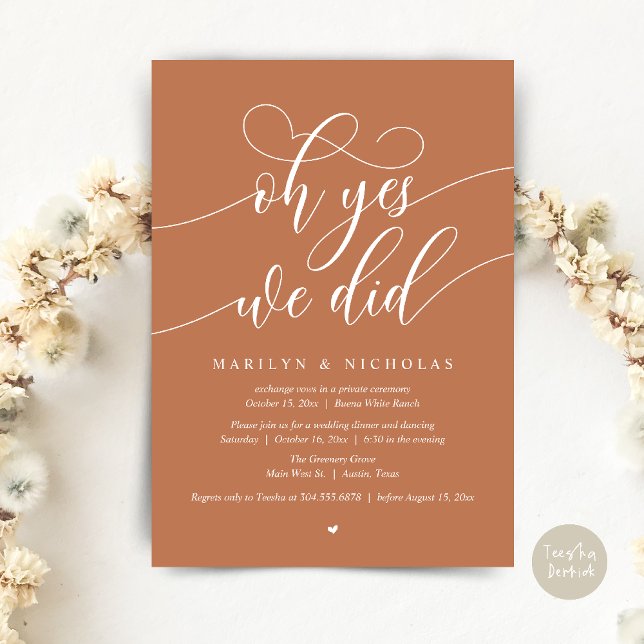 Oh Yes, We Did, Wedding Elopement Dinner Party Invitation (Oh Yes, We Did, Wedding Elopement Dinner Romantic Modern Party Invitation Card PDF Copper Earthy )