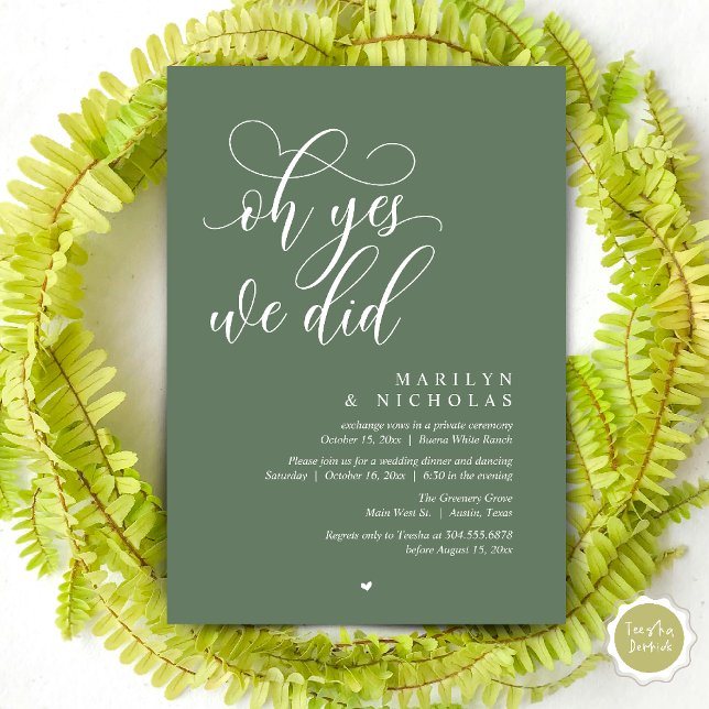 Oh Yes, We Did, Wedding Elopement Dinner Party Invitation (Oh Yes, We Did, Wedding Elopement Dinner Romantic Modern Party Invitation Card PDF Sage Green)